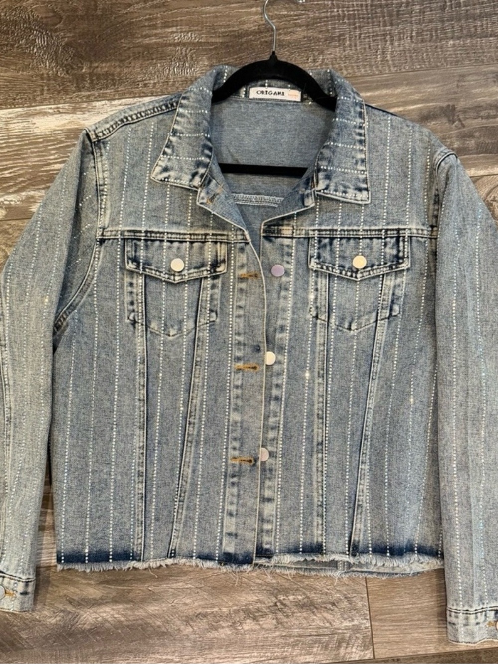 Rhinestone crystal Striped Light Blue Denim Jacket - Women's M. NWOT.